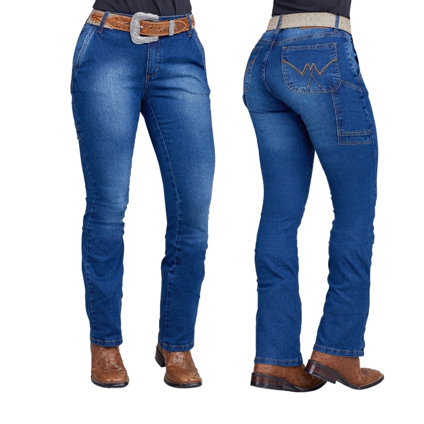 Calça Jeans Feminina Carpinteira Minuty Original Country Azul Escura Barra Reta Cintura Alta com Lycra