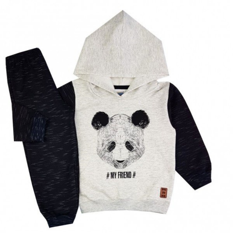 Conjunto Moletom Infantil Menino Duzizo Capuz Casaco E Calça Inverno Quentinho Panda Confortável Premium Roupa De Frio
