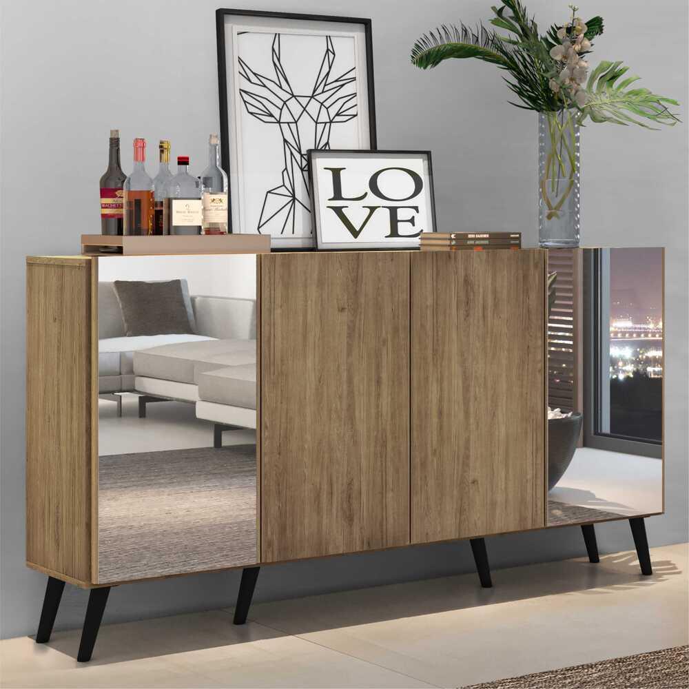 Aparador Buffet c/ Espelho e Pés Retrô Vegas Multimóveis Rustic/Preto em Oferta na Shopee