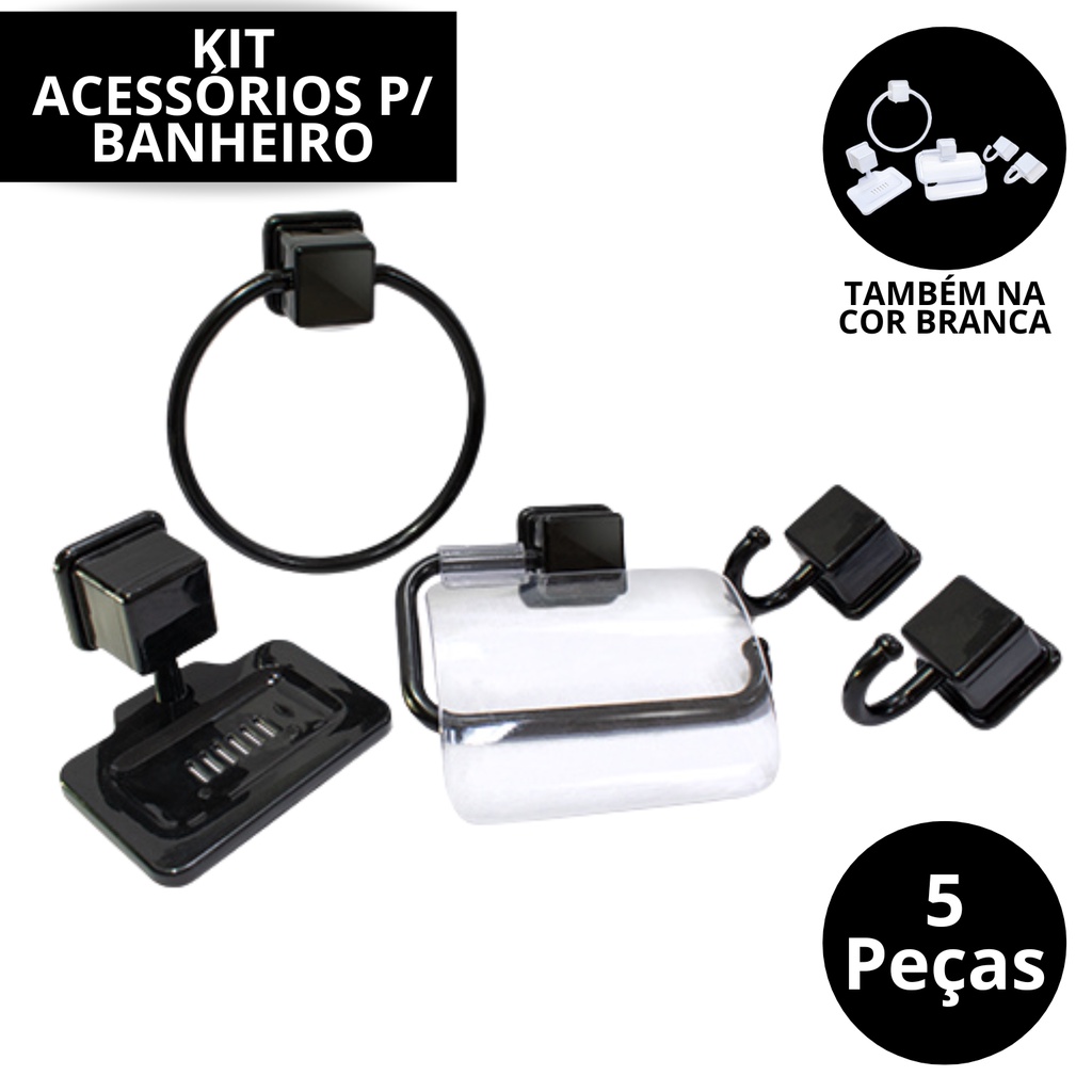 Kit Acessórios Para Banheiro Com 5 Peças Preto Branco Plástico Resistente Fixação Parafuso Decoração Porta Toalha Papeleira Papel Higienico Saboneteira de Banheiro Casa Promoção Oferta