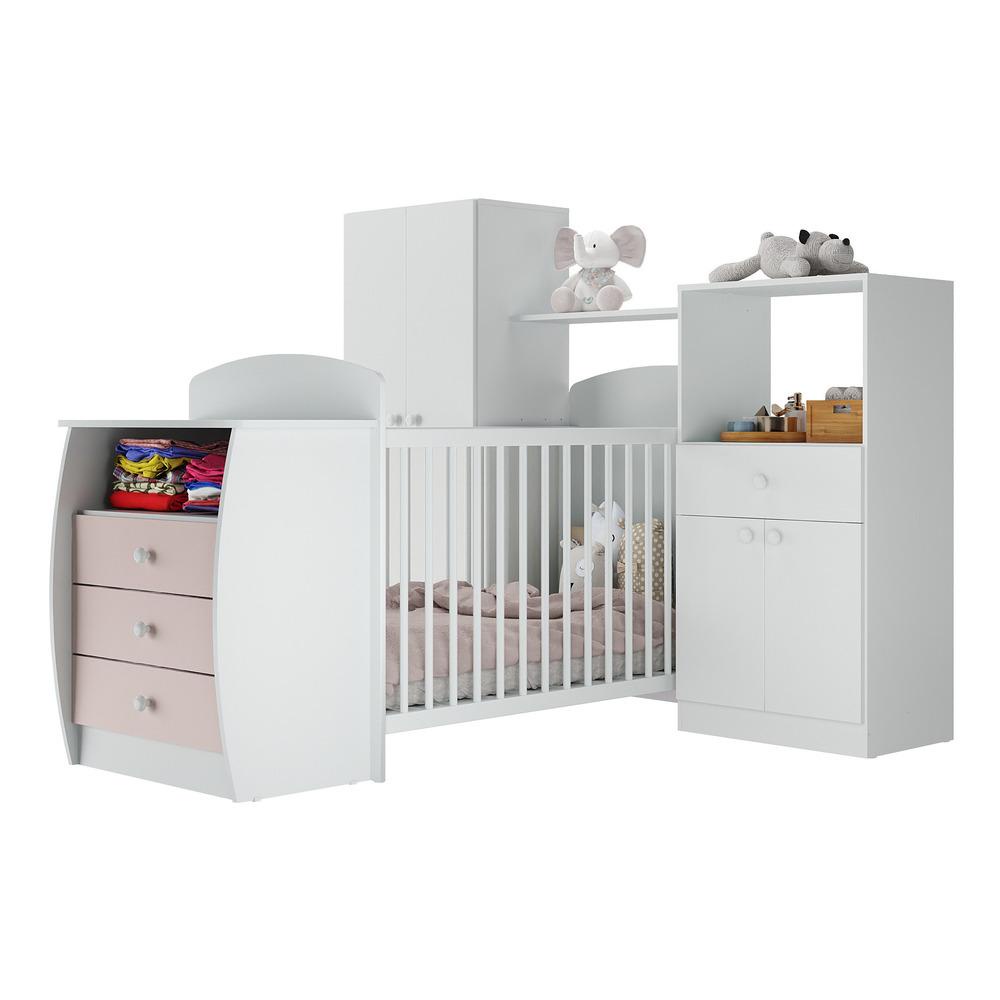 Quarto Infantil com Berço-Cômoda Laura Multimóveis Branco/Rosa - Mom & Baby