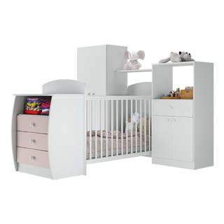 Quarto Infantil com Berço-Cômoda Laura Multimóveis Branco/Rosa em Oferta na Shopee