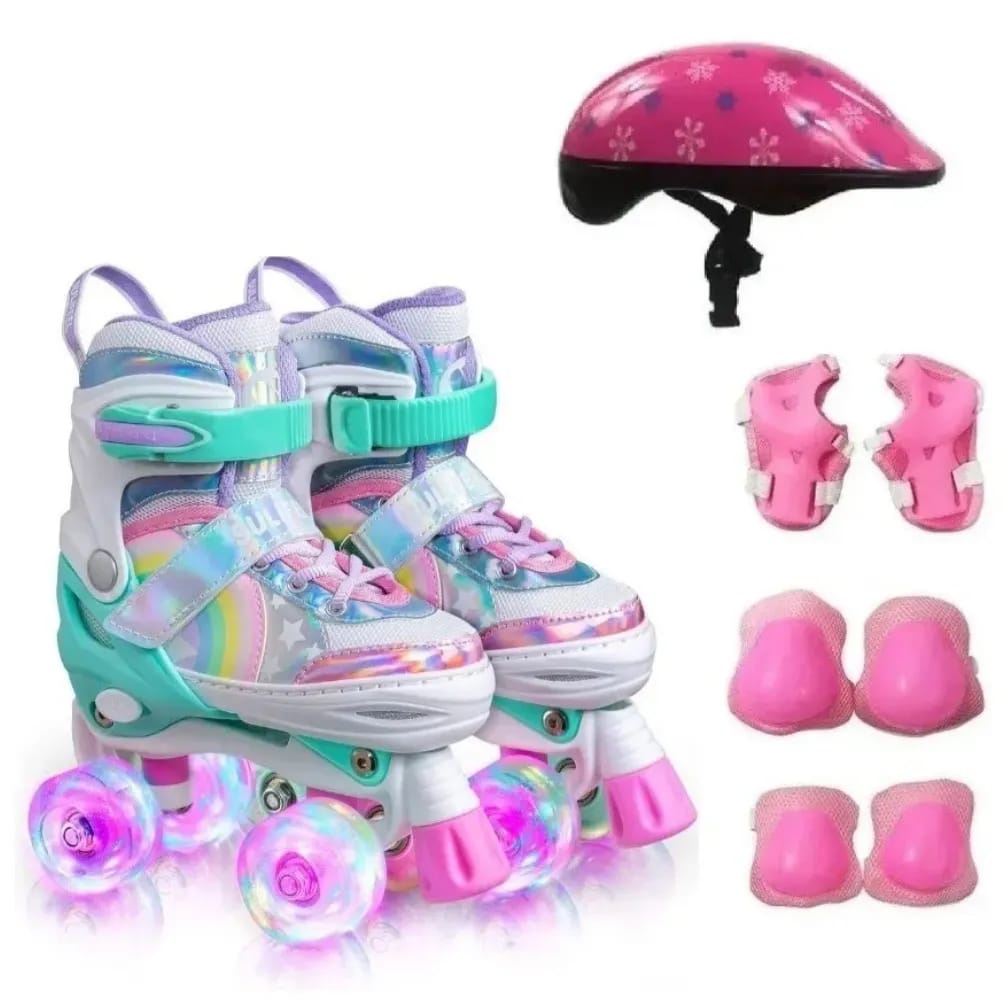 Patins 4 Rodas Infantil Arco Íris Led Kit Proteção Novidade