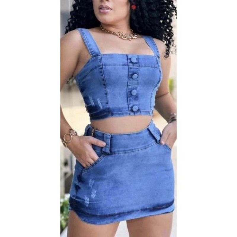 CONJUNTO JEANS COM LYCRA BLOGUEIRA em Oferta na Shopee