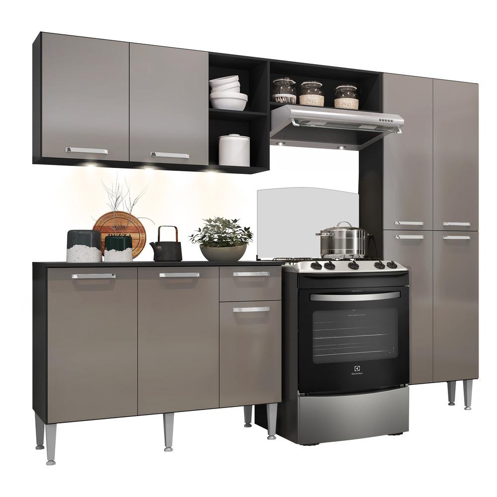Cozinha Compacta c/ 3 Leds Armário e Balcão com Tampo Pequim Up Multimóveis Preta/Lacca Fumê - Home & Living