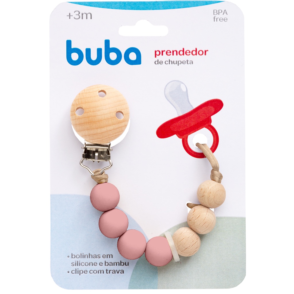 Prendedor De Chupeta Silicone E Bambu Rosa 15646 - Buba em Oferta na Shopee
