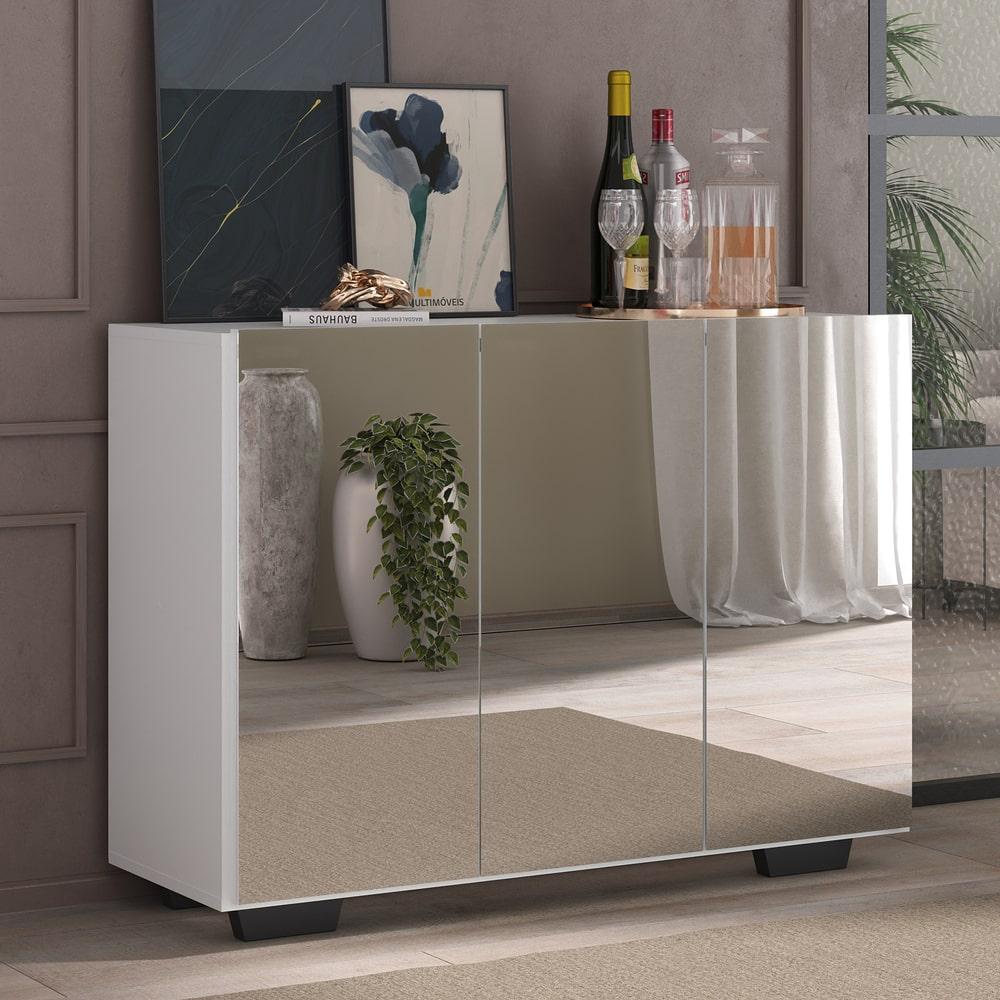 Aparador Buffet 3 Portas com Espelho e Pés Quadrados Vegas Multimóveis MP1014 Branco/Preto em Oferta na Shopee