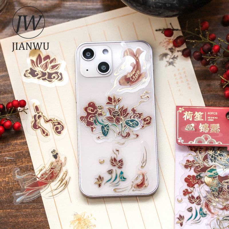 JIANWU 40 Sheets Chinese Style Bronzing Sticker Pack Creative Journal DIY Art Scrapbooking Decoration Phone Stickers Stationery