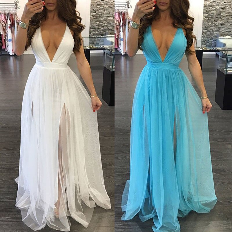 Summer Sexy Women Sólido Pescoço Em V Tule Tutu Long Maxi Vestido