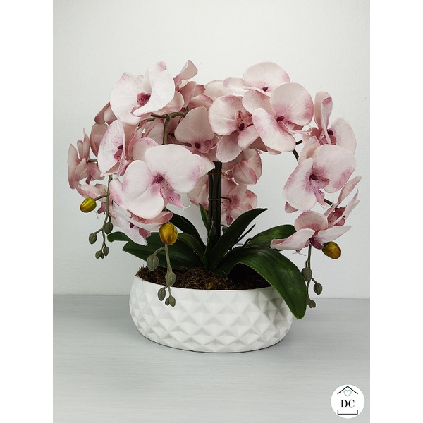 Arranjo de Orquídea Artificial Rosa e Branca com Vaso Branco | Shopee Brasil