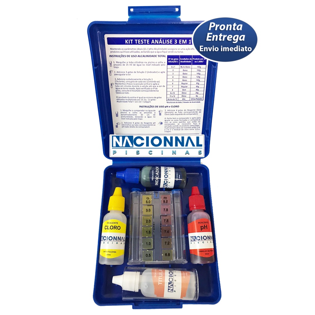 Kit Medidor Análise Cloro Ph Alcalinidade Para Água de Piscinas 3 em 1 Nacionnal Piscinas