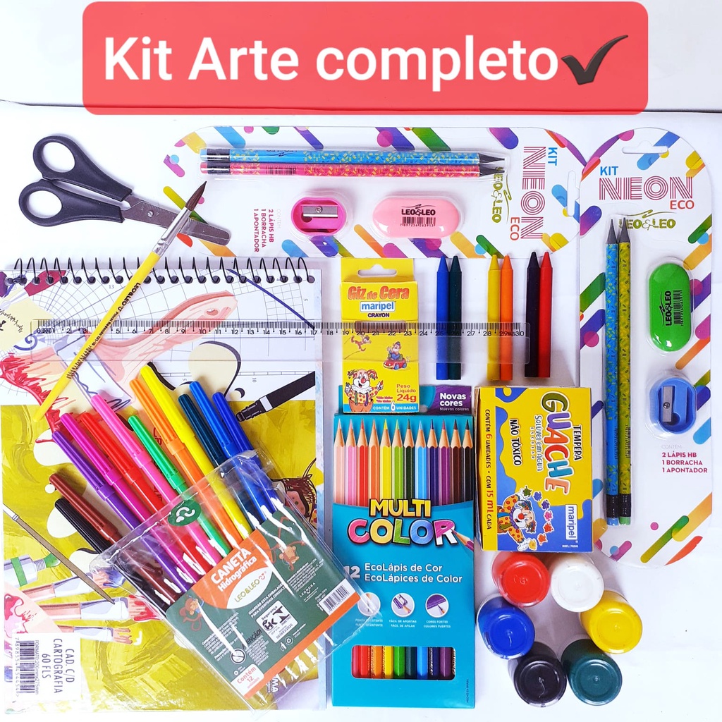 Kit arte material escolar completo papelaria 44 itens
