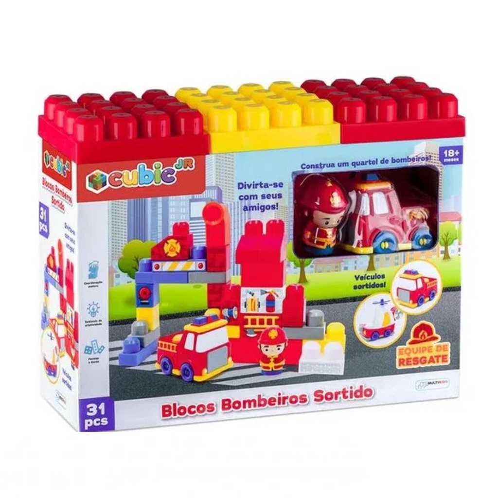 Brinquedo de Montar Bombeiros Cubic Jr 31 Peças Blocos de Encaixes Veículo Sortido - BR1393