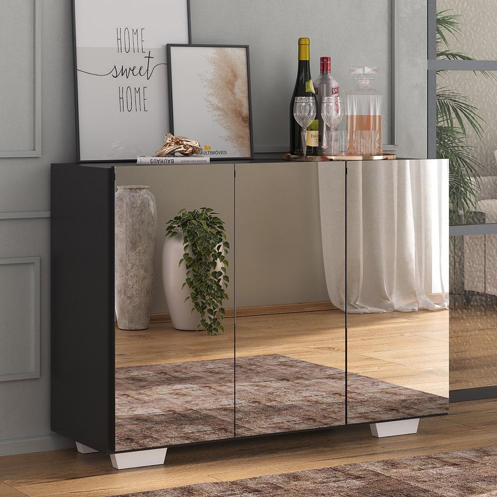 Aparador Buffet 3 Portas com Espelho e Pés Quadrados Vegas Multimóveis MP1014 Preto/Branco em Oferta na Shopee