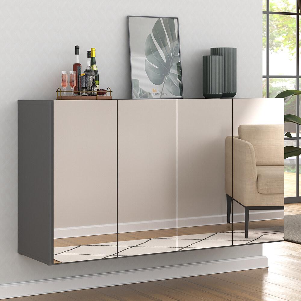 Aparador Buffet 4 Portas com Espelho Suspenso Vegas Multimóveis Grafite em Oferta na Shopee