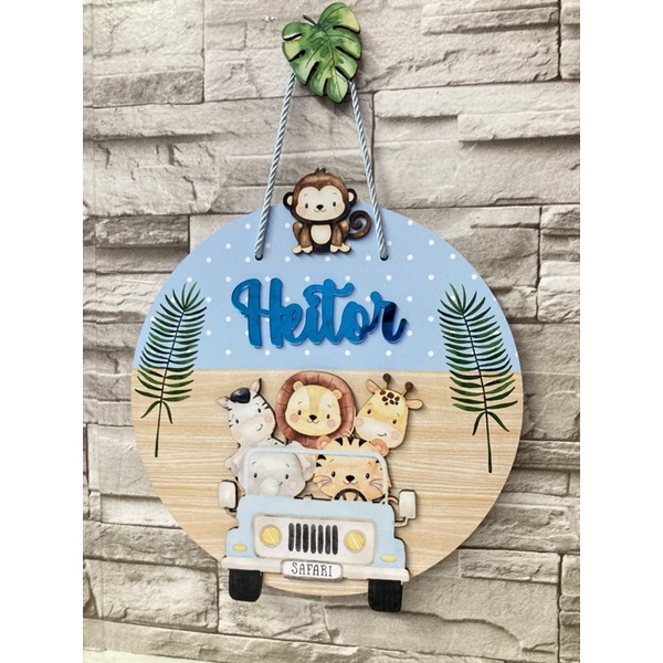 Guirlanda Enfeite de porta maternidade Safari azul nome em acrilico espelhado em Oferta na Shopee