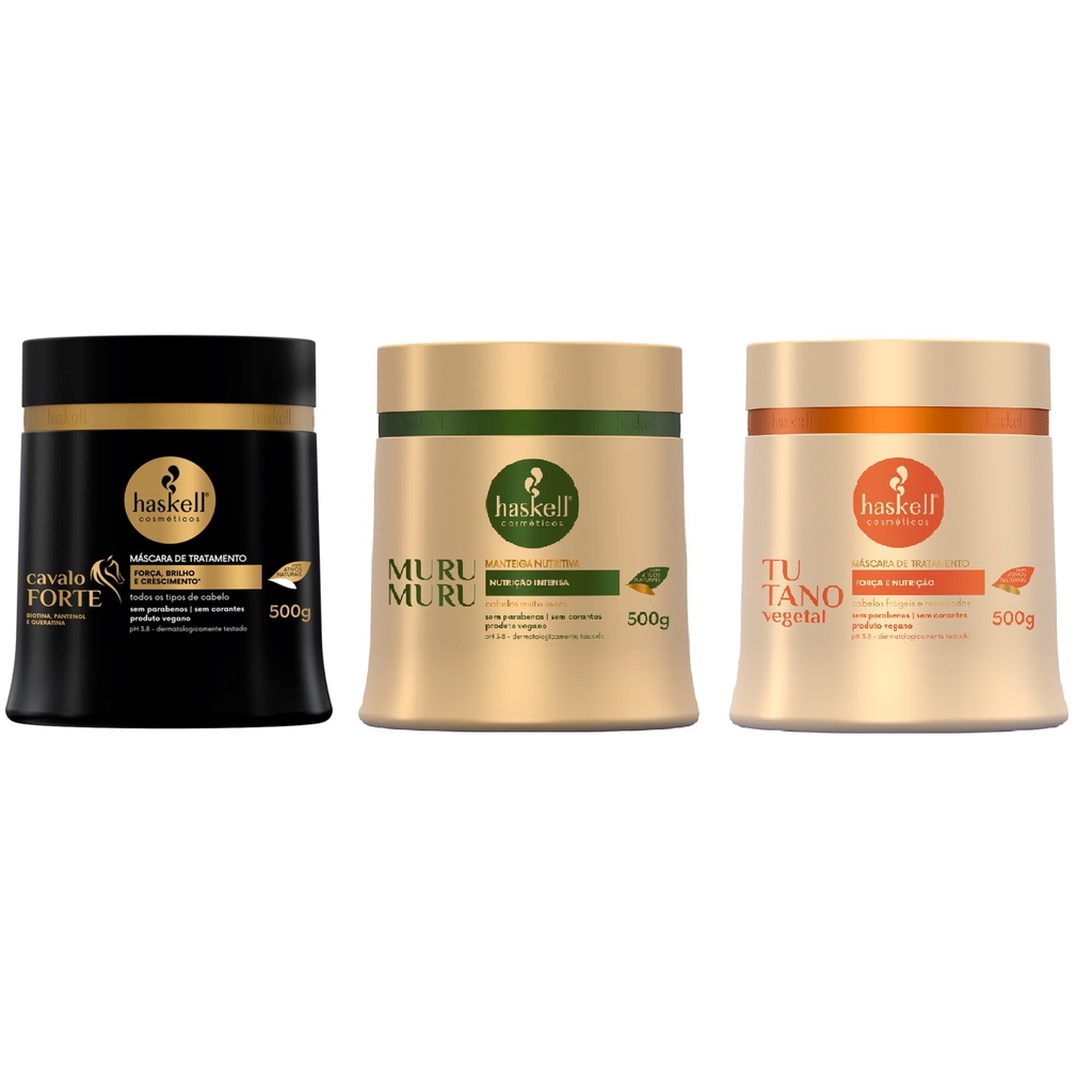 Kit Cronograma Capilar Haskell Máscara Cavalo Forte 500g, Máscara Murumuru 500g, Máscara Tutano Vegetal 500g