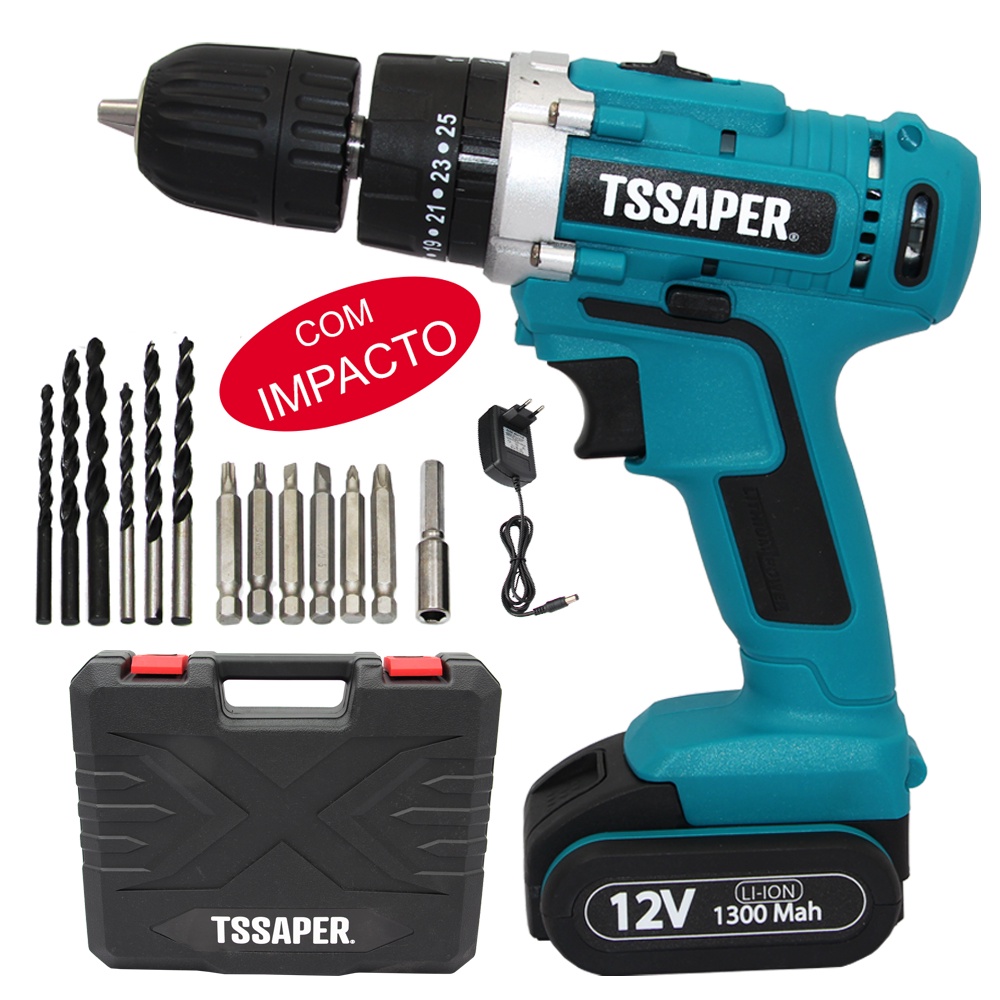 Furadeira Parafusadeira com impacto 3/8 Bateria 12v Com Acessorios Tssaper TPA12