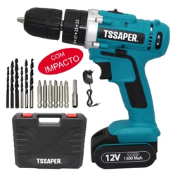 Furadeira Parafusadeira com impacto 3/8 Bateria 12v Com Acessorios Tssaper TPA12i