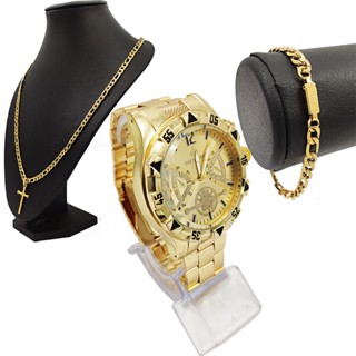 Relógio Masculino Dourado Original Barato + Corrente Masculina Pulseira e Pingente