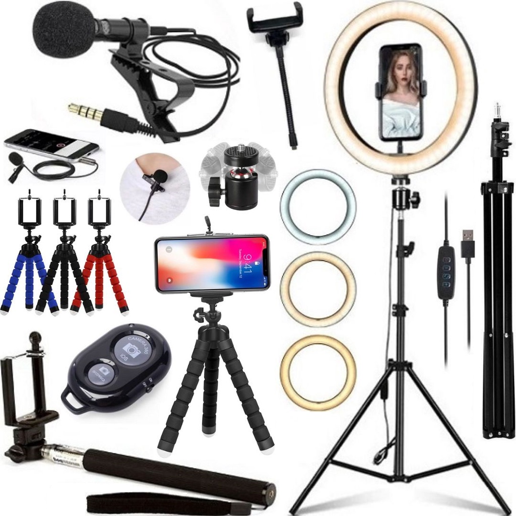 Kit Hing Ring Light 26cm + Tripé 2m Profissional Acessórios Celular Youtuber Blogueira Tiktok