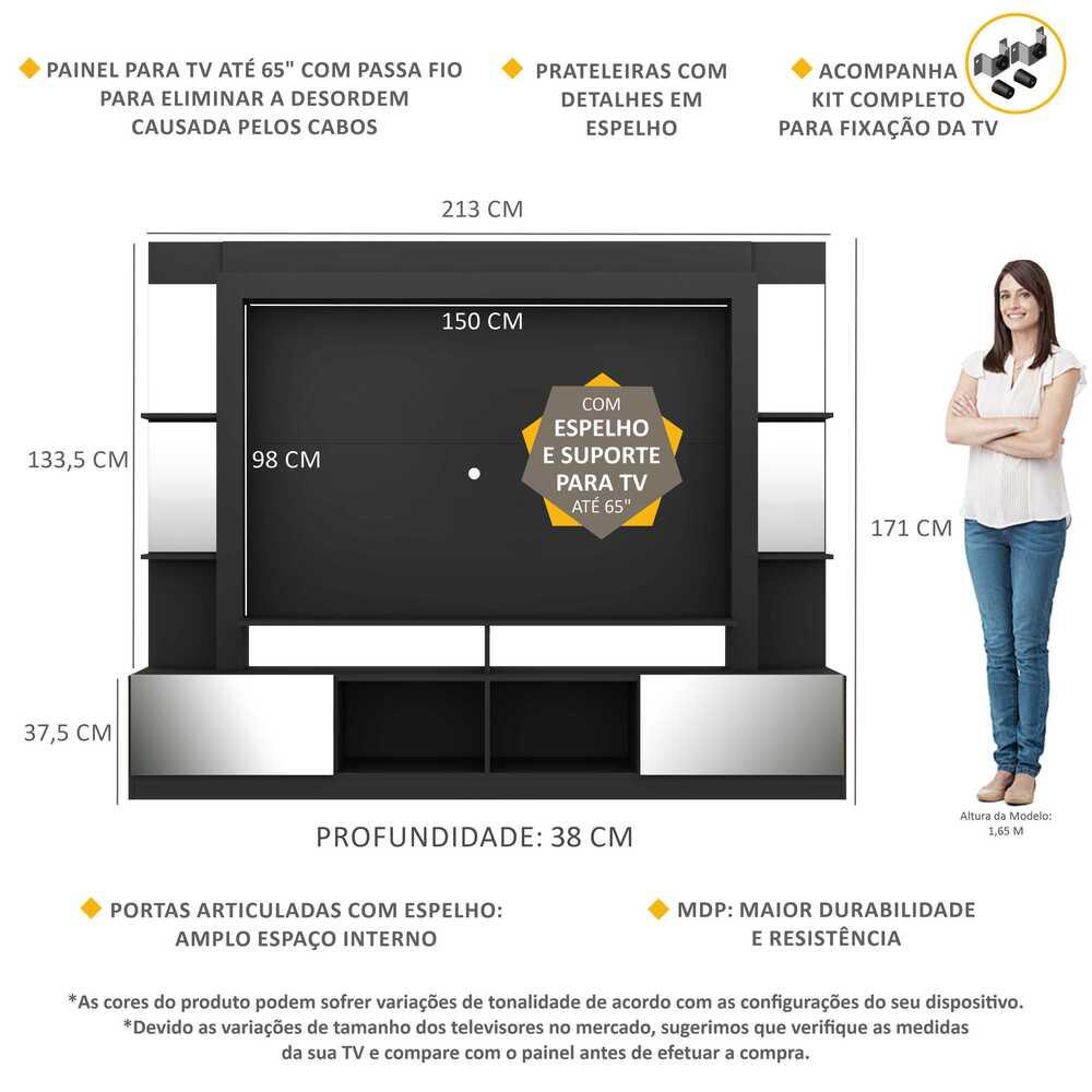 Rack Estante com Suporte TV 65" e Espelho Oslo Multimóveis Preto/Branco — imagem 2 de 2