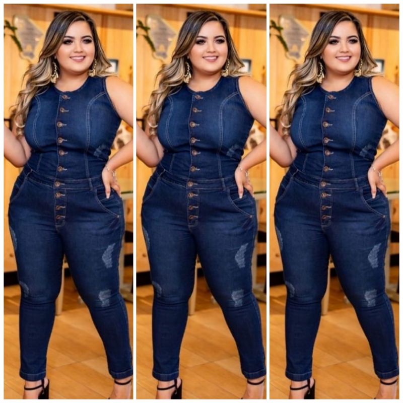 Macacão Longo Jeans Feminino Moda Plus Size Premium tam 48 ao 56