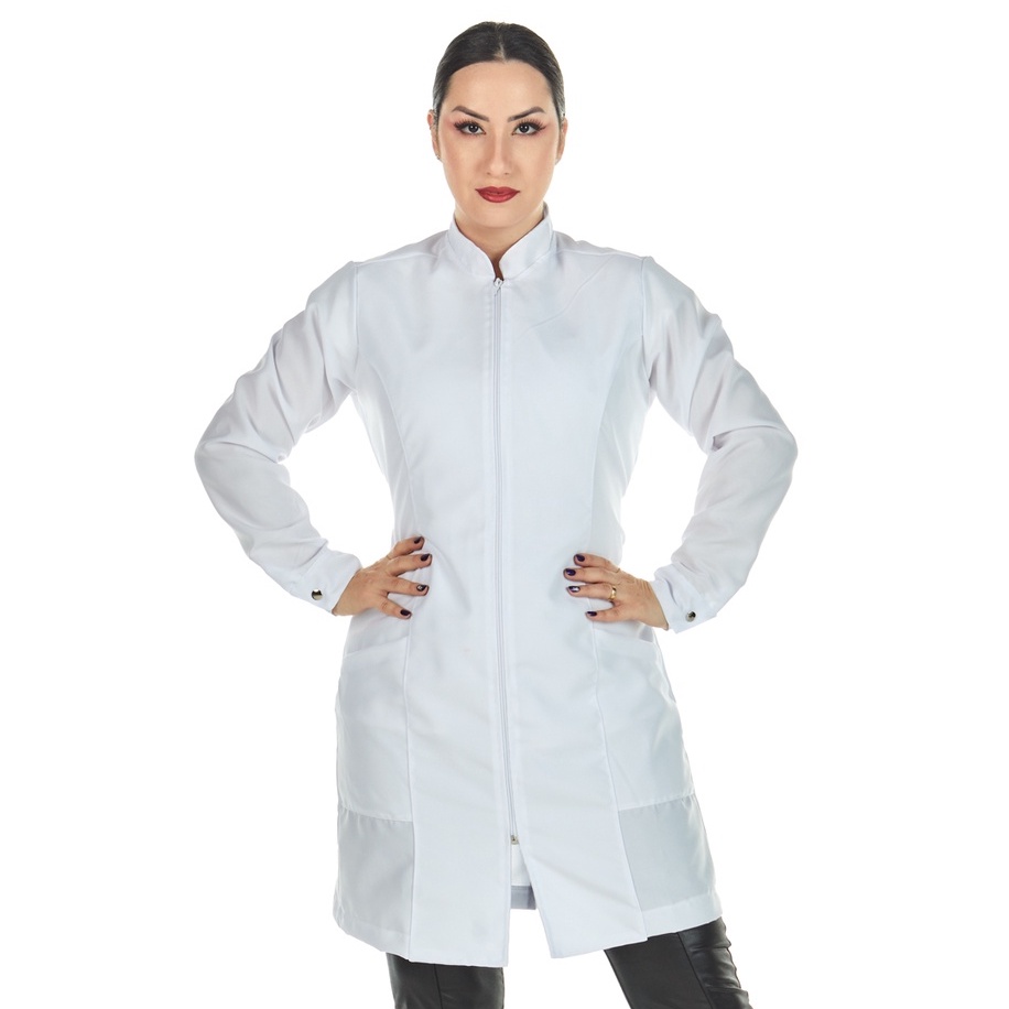 Jaleco Feminino Gola Padre Zíper Manga Longa Branco Oxford Acinturado Dentista Profissional em Oferta na Shopee