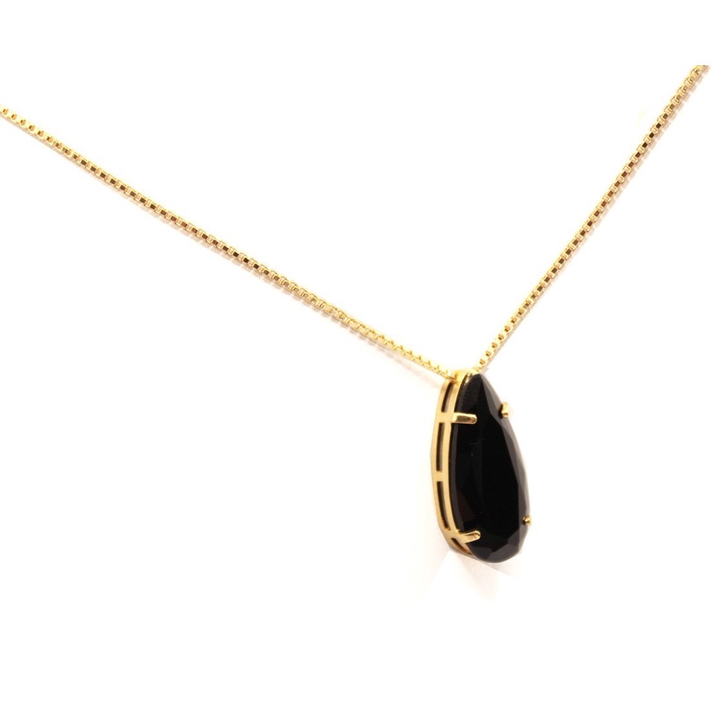Colar Corrente E Pingente Pedra Gota Preta Folheado A Ouro REF:02DM