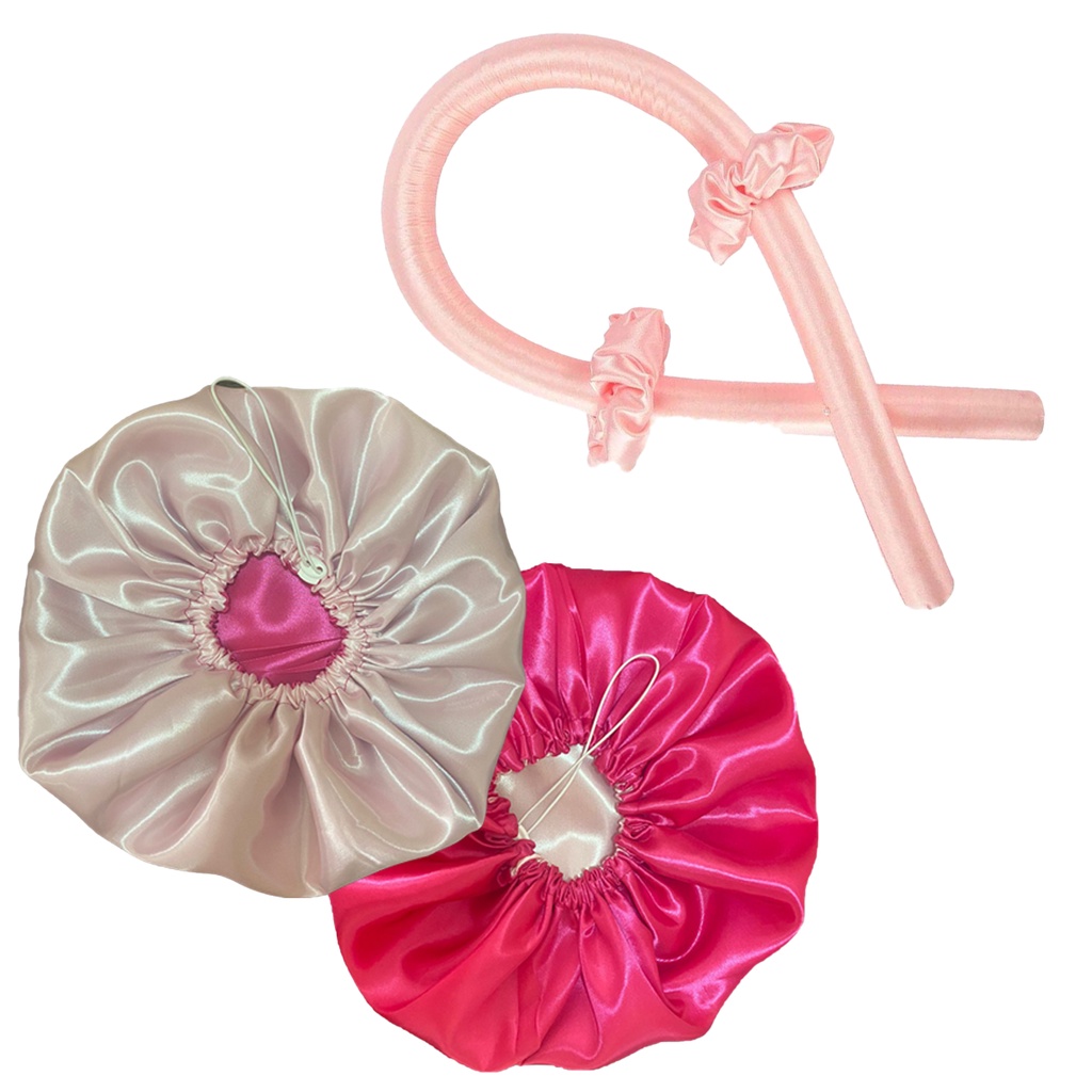 kit cetim touca cetim dupla face ajustável + modelador curling rod + scrunchies