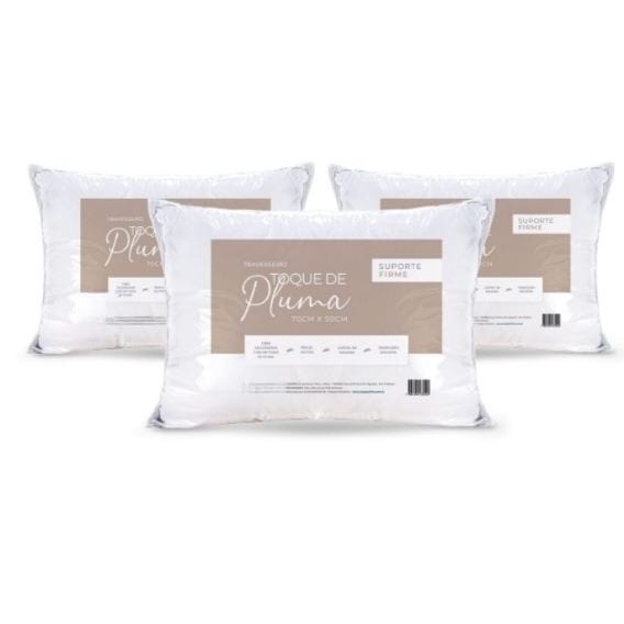 Kit 03 Travesseiros Toque de Pluma Suporte Firme 180 Fios 70cm x 50cm