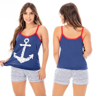 Pijama De Verão Short Doll Da Âncora Estampado Marinha Feminino De Malha Promoção 325