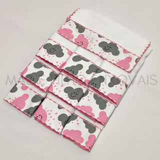 Kit 6 unidades Toalha de Ombro Babete Pano de Boca Paninho Atoalhado Felpudo com Tecido Estampado 100% Algodão Nuvem Rosa Menina