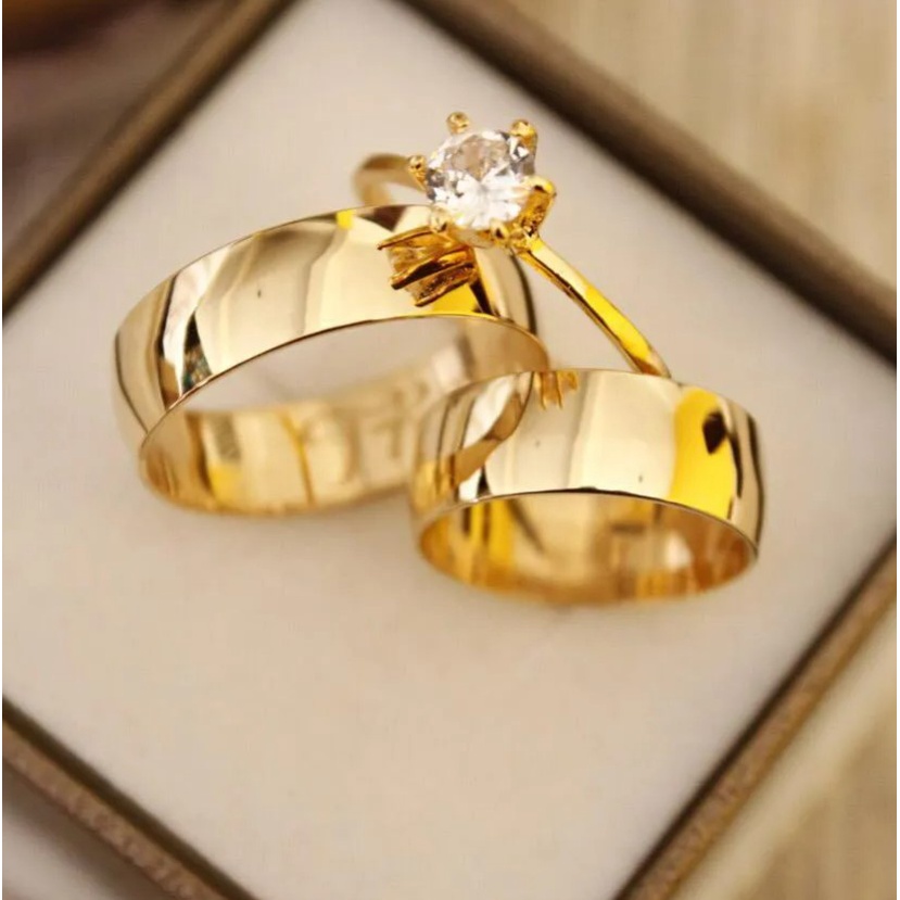 Par de alianças aliança 8mm casamento noivado banhado a ouro 18k compromisso + Anel Solitário
