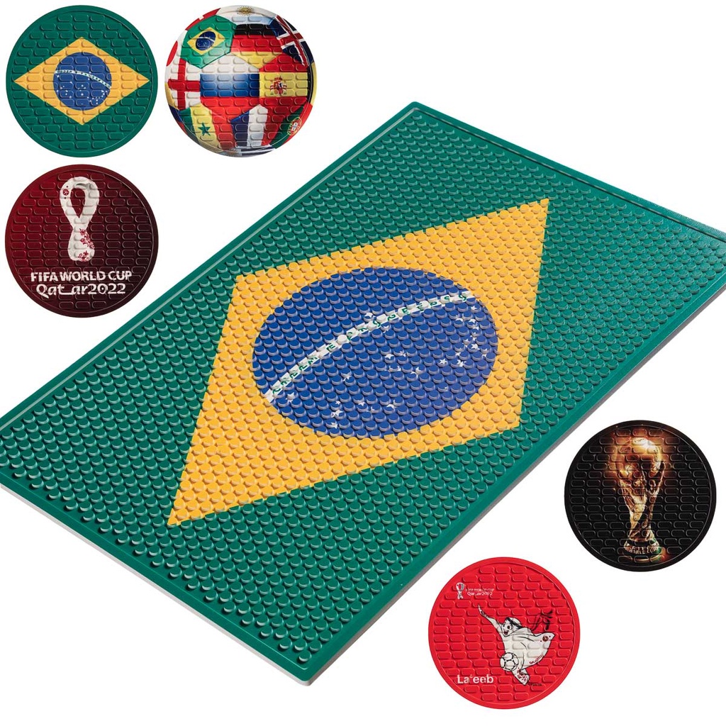 Kit Bar Mat Brasil 45X30 + 5 Porta Copos Seleção Brasileira Copa do Mundo Decorativo Retém Líquido