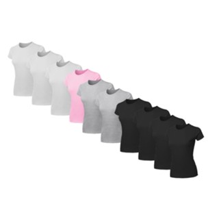 Kit 10 Camisetas Baby Look Feminina New Basics Slim Fit Gola Redonda 100% Algodão