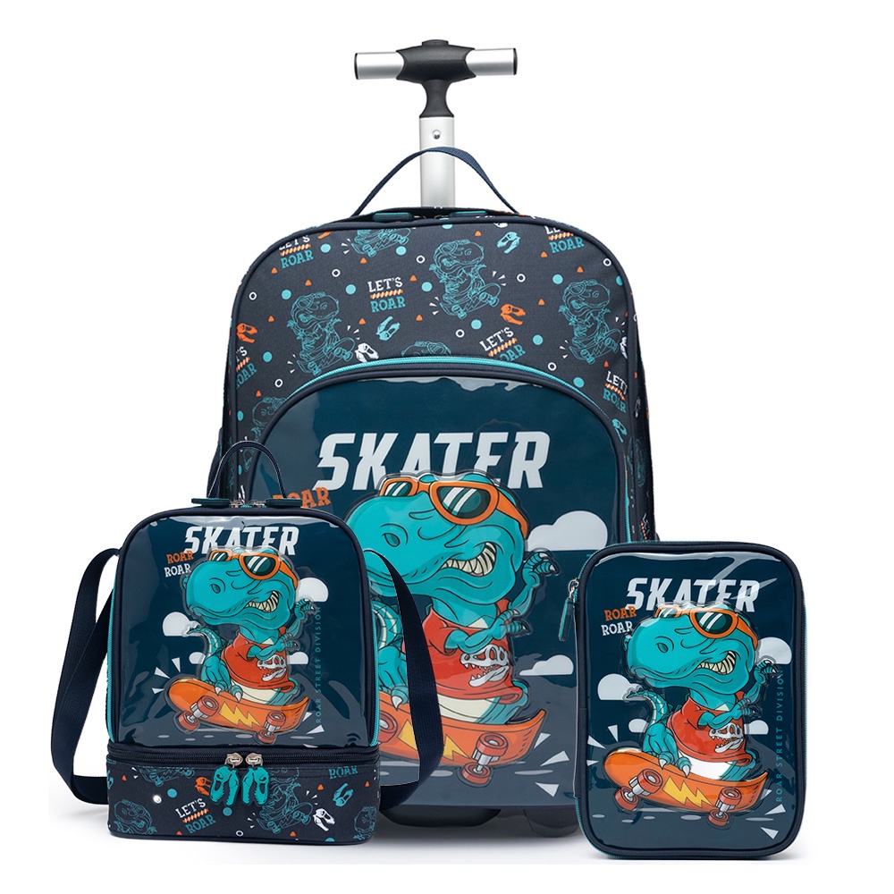 Kit De Mochila De Rodinha Infantil Dino Skate Escolar Com Estojo Lancheira Menino Escorrega O