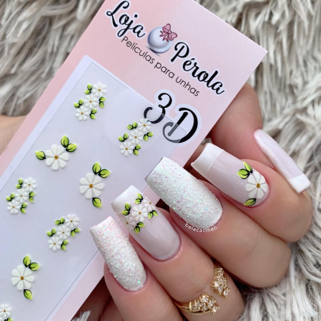 Adesivo de Unha3D- Florzinhas Brancas Delicadas-3D 47 em Oferta na Shopee