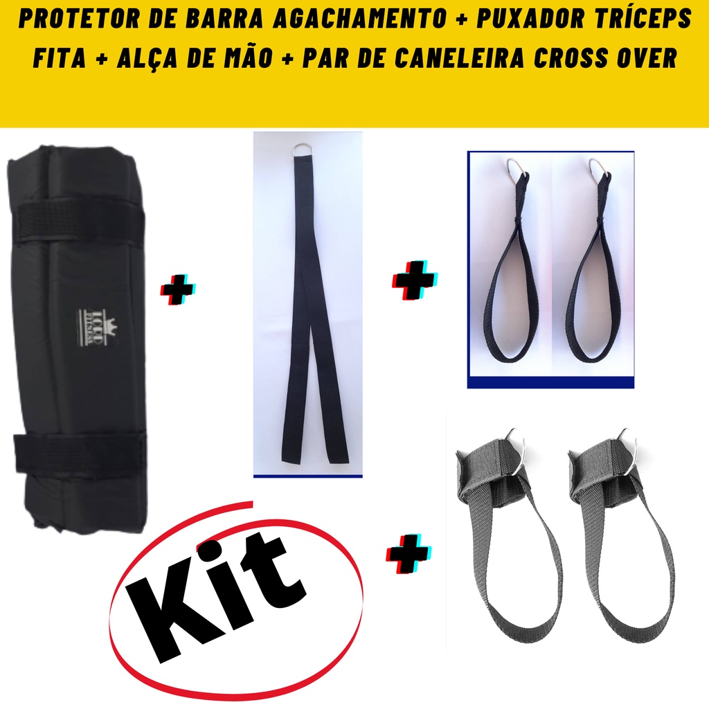 kit academia musculação Protetor De Barra Agachamento + Puxador Tríceps Fita + alça de Mão r + Par De Caneleira Cross Over com alça embaixo