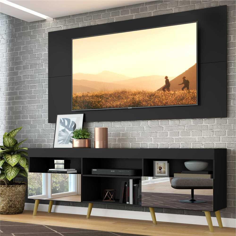Rack c/ Painel e Suporte TV 65" c/ Espelho e Pés Retrô Flórida Multimóveis Preto/Natural em Oferta na Shopee