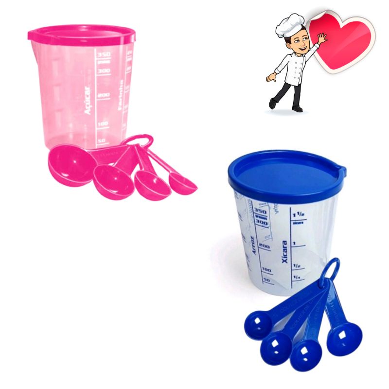 Copo Medidor com Tampa e Colher Medidora Rosa E Azul