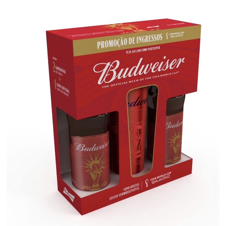 Kit Budweiser Copa do Mundo 2022-2 unidades 330ml + Copo Alumínio 650ml vermelho
