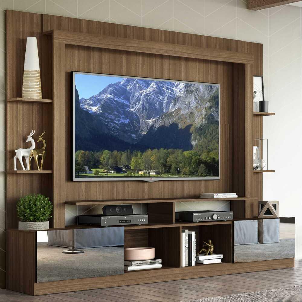 Rack c/ Painel e Suporte TV 65" Portas c/ Espelho Oslo Multimóveis Madeirado/Preto em Oferta na Shopee