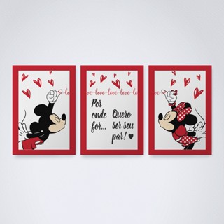 Kit 3 Placas Quadros Decorativos Para sua Casa Sala Quarto Cozinha Lar Mickey e Minnie Casal Apaixonado Borda Infinita