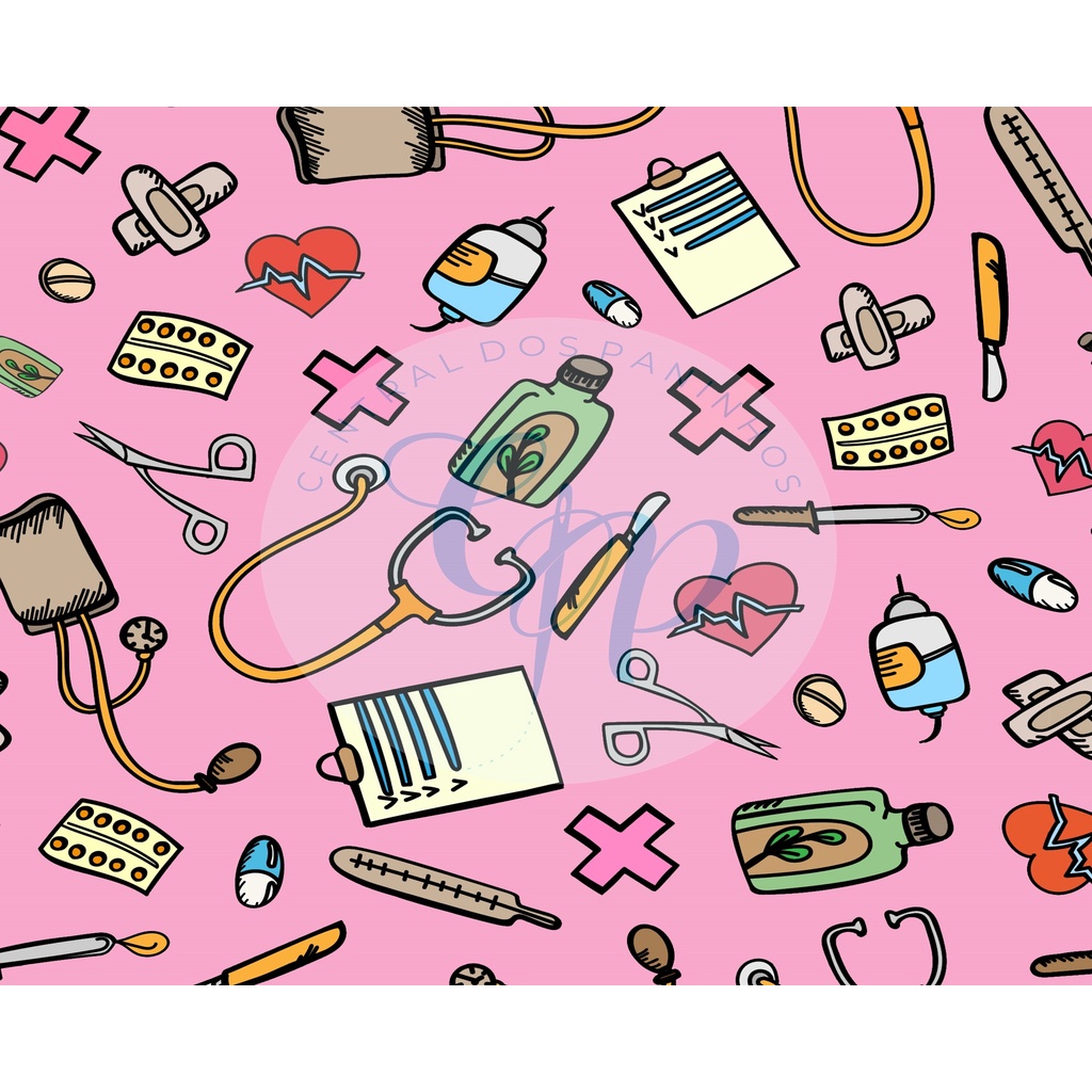 Tecido tricoline, microfibra ou gabardine - Enfermagem - Fundo rosa - 0.50CM