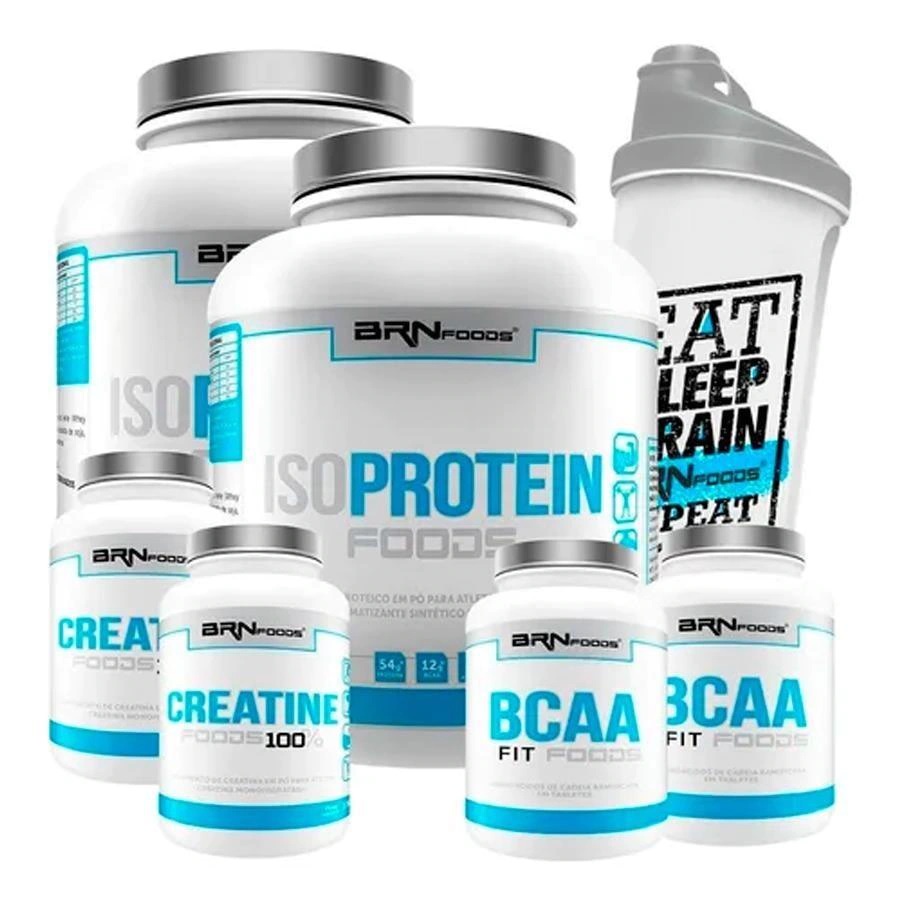 Kit 2x Iso Whey Protein 2kg + 2x BCAA 100g + 2x Creatina 100g + Coqueteleira - BRN Foods