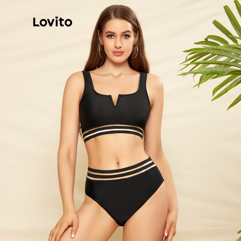 Lovito Conjunto De Biquíni Feminino Sexy Liso Básico com Enchimentos Removíveis L AD Preto