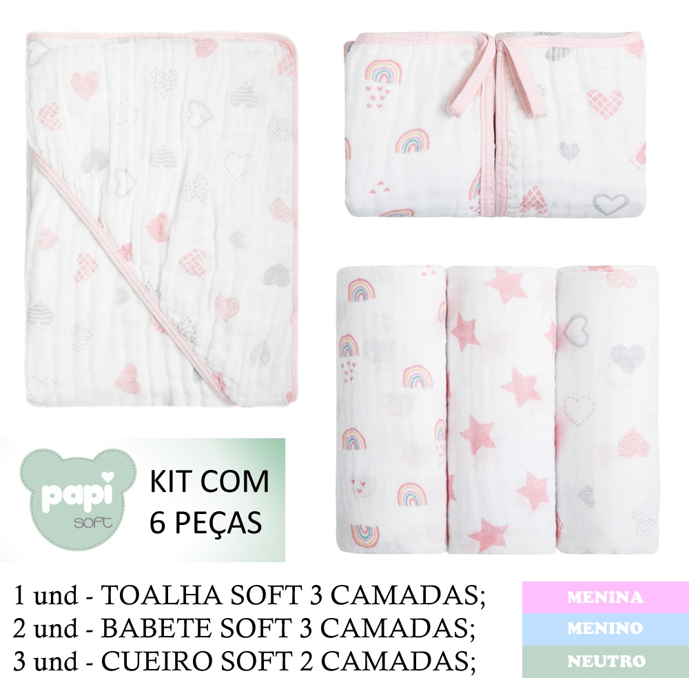 KIT PAPI SOFT TOALHA CUEIRO BABETE 6 PEÇAS ENXOVAL BEBE RECEM NASCIDO