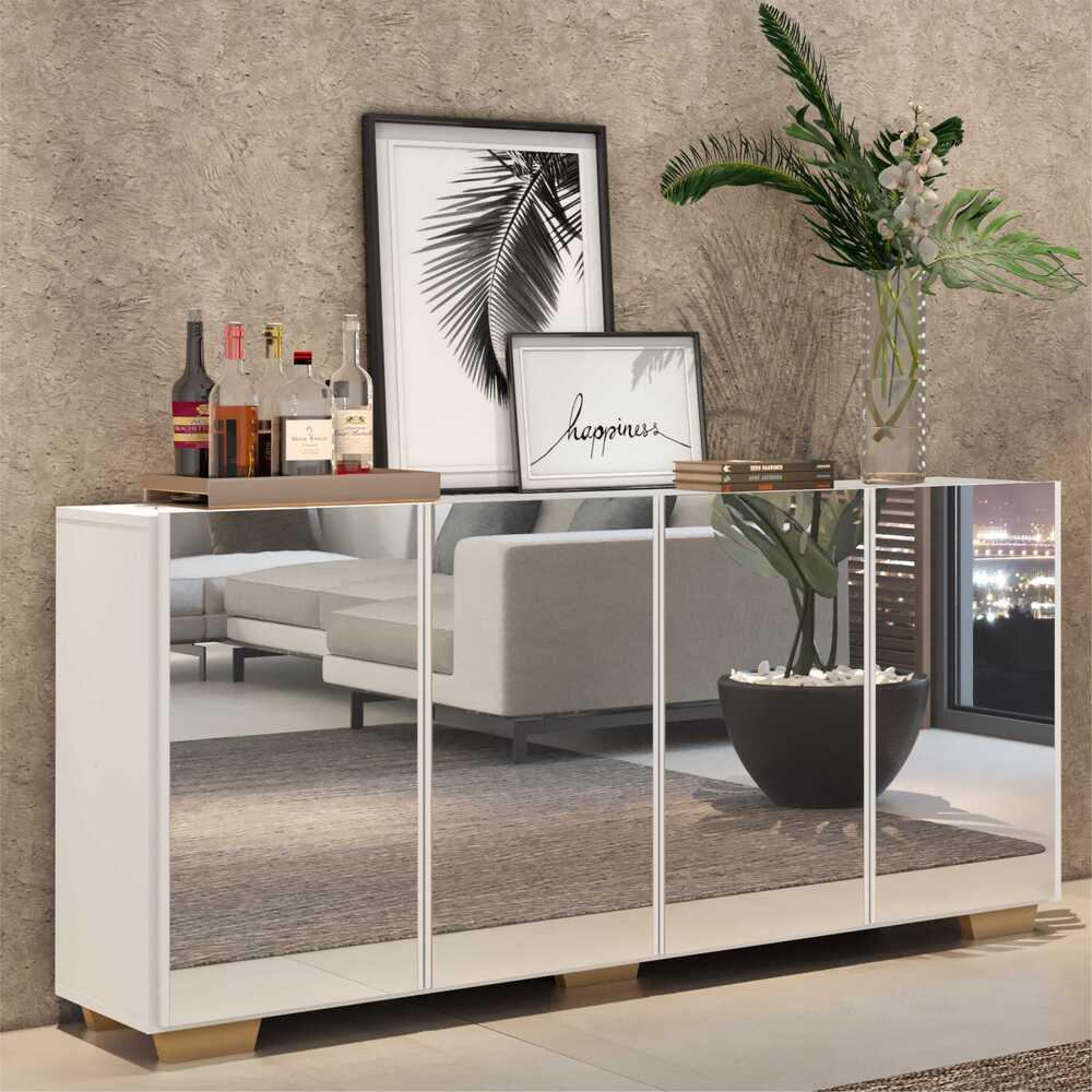 Aparador Buffet 4 portas c/ Espelho e Pés Quadrados Vegas Multimóveis Branco/Natural em Oferta na Shopee
