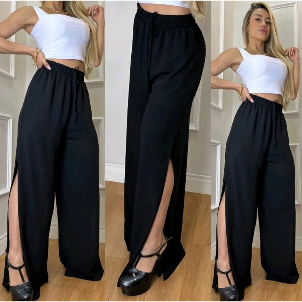 Calça Pantalona Fenda Lateral Cintura Alta com Cordão Forrada Feminina Moda — imagem 1